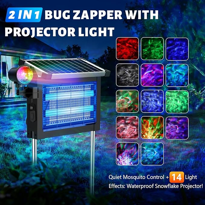 Solar Bug Zapper Outdoor with Projector Light, Waterproof Portable Fly Zapper 4500V, Rechargeable Electric Mosquito Killer, Cordless Fly Insect Mosquitos Trap for Patio Yard