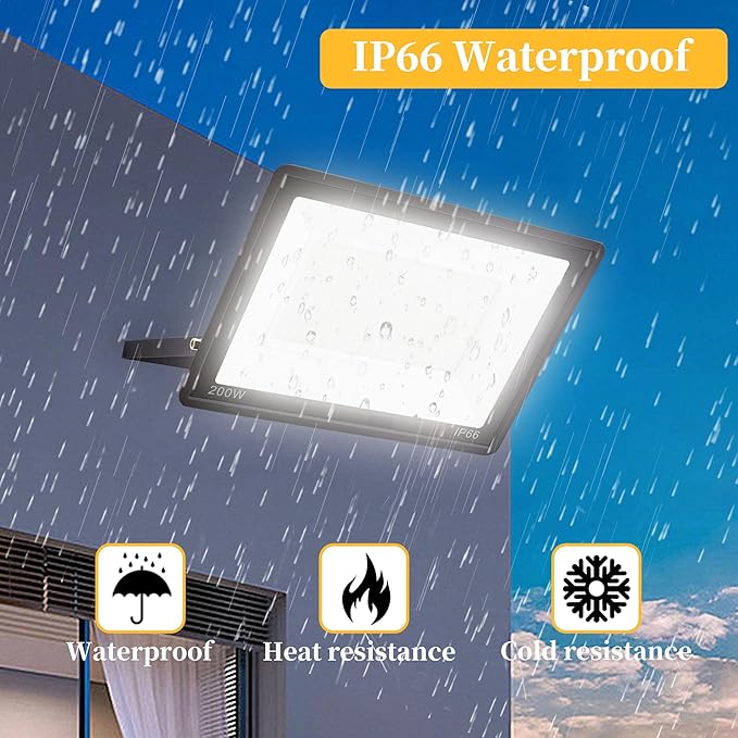 2 Pack 200W LED Flood Lights Outdoor Plug in,25000 LM Super Bright Outdoor Stadium Lights, IP66 Waterproof 6000K Daylight White Security Lights,Floodlights for Garage,Yard,Garden,Playground,Patio
