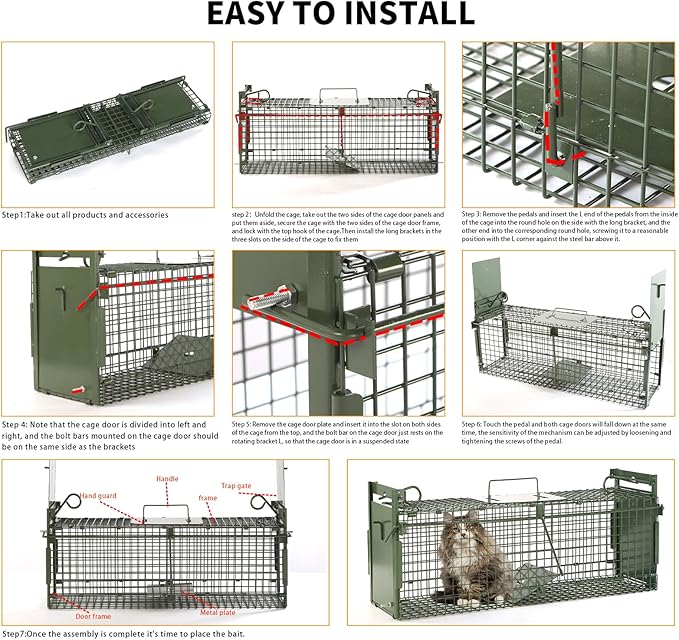 40" 2-Door Large Live Animal Traps for Stray Cats up to 17.6 pounds, Raccoons, Squirrel, Skunk, Mole, Groundhog, Armadillo, Rabbit, with Pedal Triggers