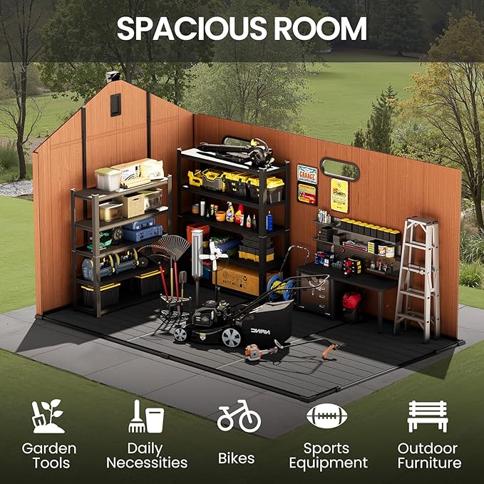 CRESTLIVE 8x12 FT Rust-Resistant Plastic Outdoor Storage Shed, Waterproof Resin Garden Shed with Floor, Doors, Skylight & Vent for Lawn Tools & Bikes