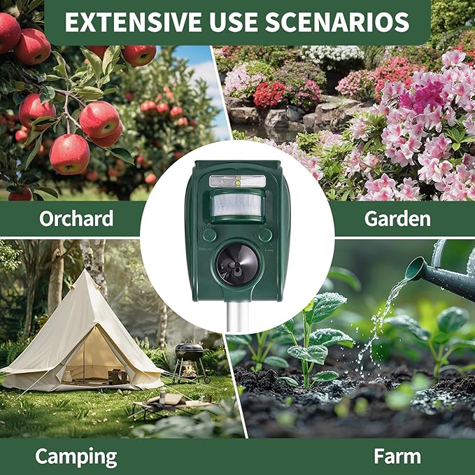 CIIC Upgraded Ultrasonic Deer Repellent Devices Motion Detection, Sloar Waterproof Cat Repellent Outdoor 5 Adjustable Modes, Squirrel Raccoon Rabbit Dog Repellent Deterrent for Yard, 2P