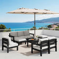 SERWALL 9 Pieces Patio Furniture Set with 15FT Double Side Patio Umbrella, HDPE Outdoor Sectional Sofas, Outdoor Couch Set, Large Modular Conversation Set for Garden, Black Frame with Khaki Cushion