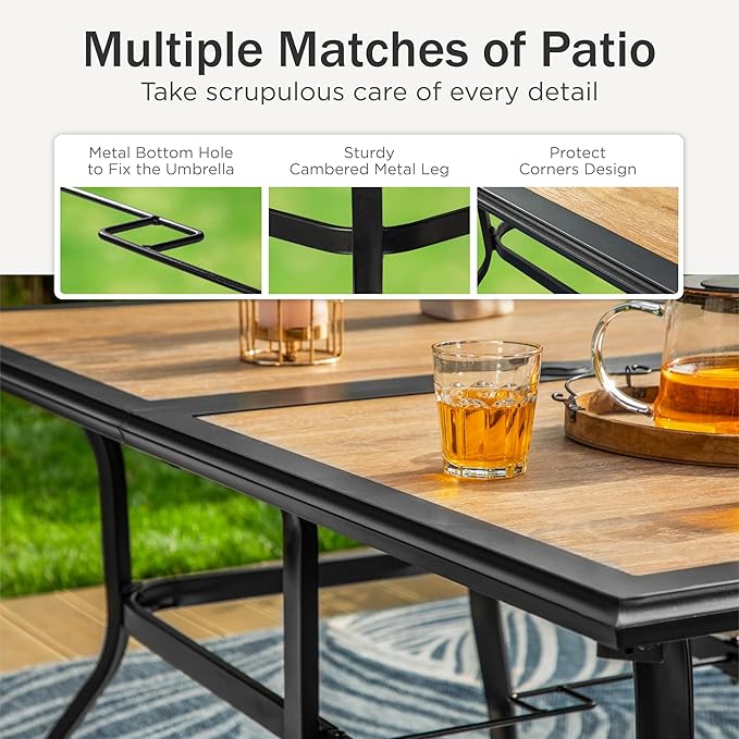 PHI VILLA Outdoor Dining Table for 6, 60" Metal Rectangle Metal Steel Table with Polywood Tabletop, Modern Long Furniture for Patio, Deck, Porch, Yard