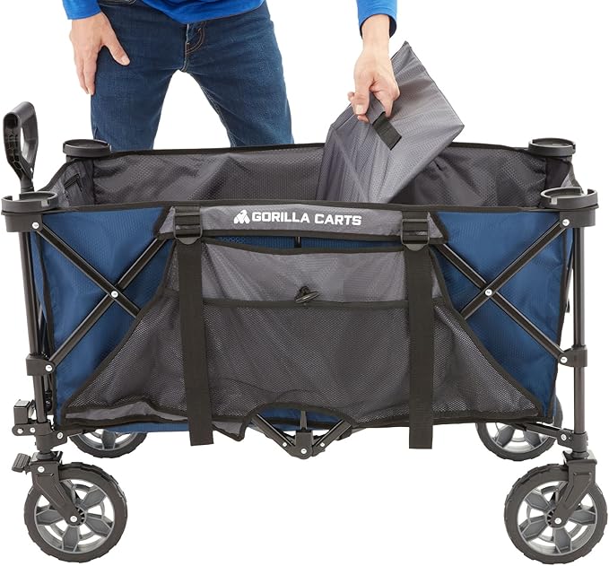 Gorilla Carts Collapsible Folding Outdoor Utility Wagon, 7 Cu Ft Oversized Bed, 150 lb Load Rating, Blue – Foldable Rolling Cart w/ Pockets & Cup Holders for Beach, Camping, Sports or Picnic