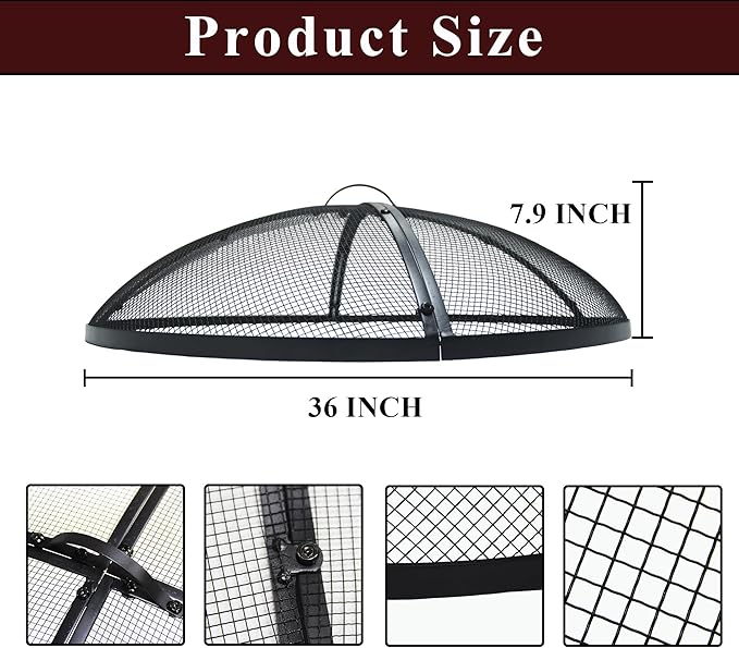 Heavy-Duty Metal 36 INCH Round Fire Pit Spark Screen Cover Mesh Screen Guard with Ring Handle for Outdoor Patio Backyard, Black