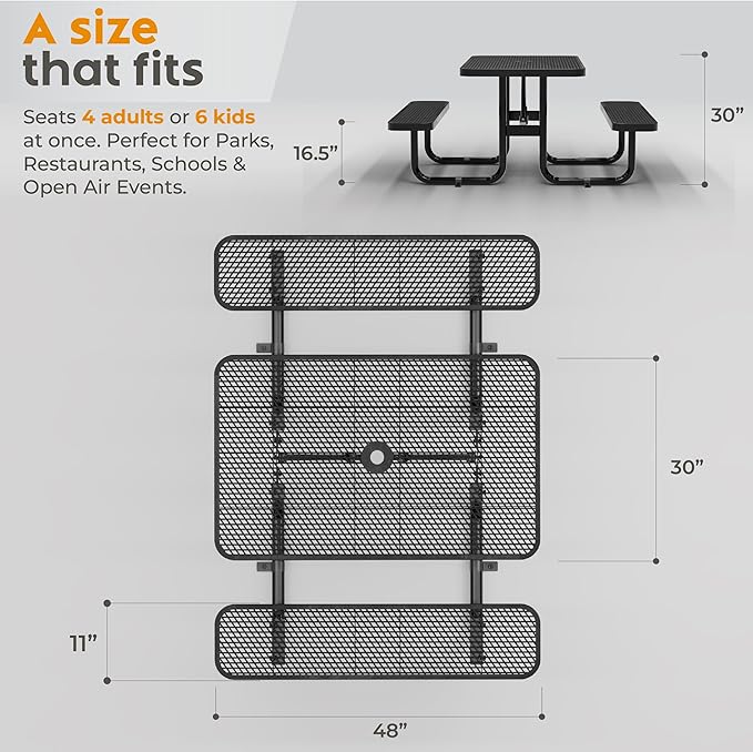 OUTTANS Commercial Heavy-Duty Metal Picnic Table - ADA Compliant, Adjustable Seats, Umbrella Hole, Expanded Metal (Black, 4' Rectangular)