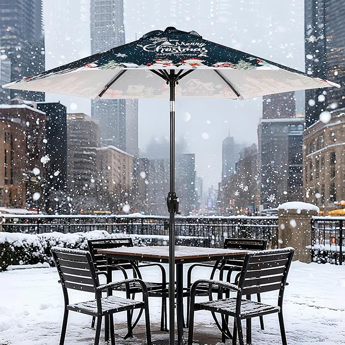 7.5FT Christmas Patio Umbrella, Outdoor Table Umbrella with Push Button Tilt and Crank, Market Umbrella with 6 Steel Ribs, Dark Teal