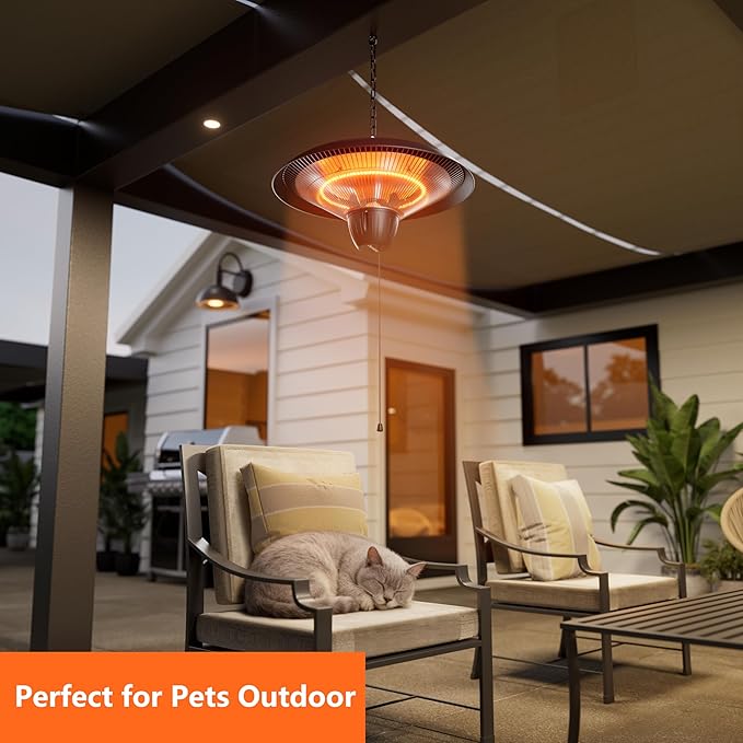 Patio Heater for Outdoor Use 1500W Electric Infrared Hanging Heater, Ceiling Mounted, Waterproof for Porch, Garage, Balcony, Overheat Protection Black