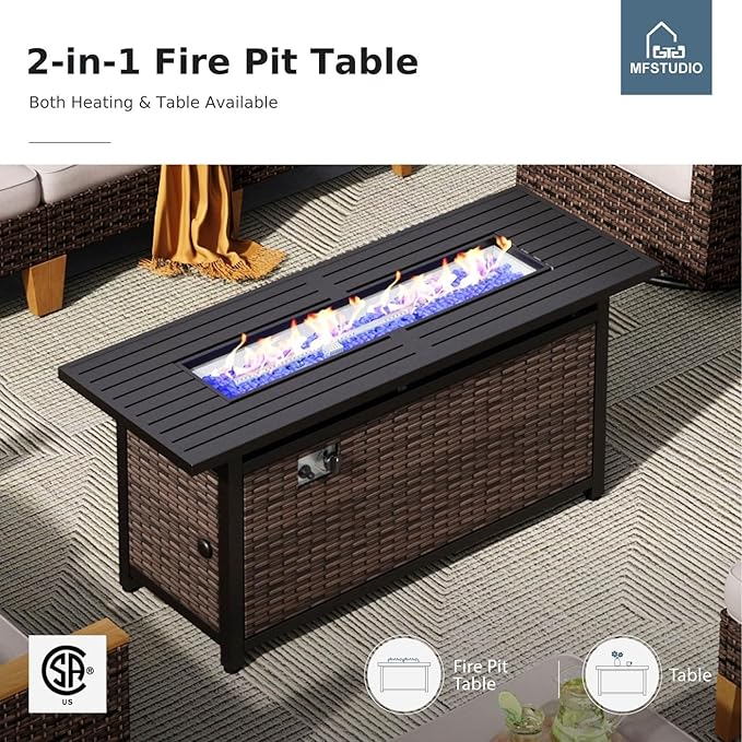 MFSTUDIO 9 Pieces Wicker Patio Furniture Set with 56" Fire Pit Table, Rattan Half-Moon Patio Conversation Set Outdoor Sectional Sofa Set, 4 x Curved Sofa, 2 x Armless Sofa, 2 x Ottoman(Beige Cushion)