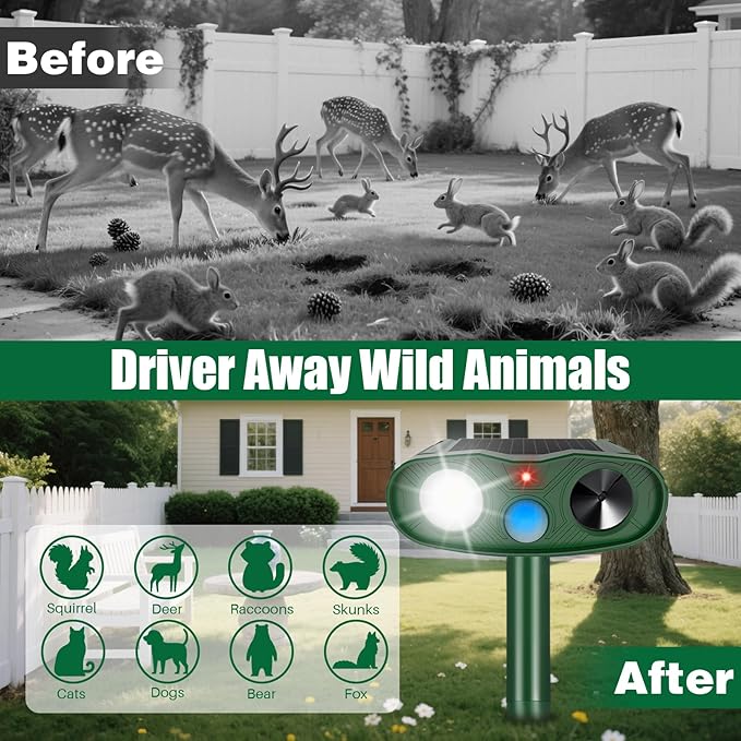 4Pack Ultrasonic Animal Repellent Outdoor Deer Repellent Devices,Solar Cat Squirrel Repeller Motion Detection Rabbit Raccoon Squirrel Dog Repellent Deterrent with LED Flash Lights for Yard
