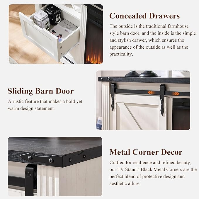 JXQTLINGMU Farmhouse Fireplace TV Stand for 75,80 Inch TV, 32" Tall Entertainment Center w/4 Drawers & Sliding Barn Door, 70-Inch Highboy Media Console for Living Room, Off White