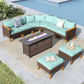 MFSTUDIO 9 Pieces Wicker Patio Furniture Set with 56" Fire Pit Table, Rattan Outdoor Half-Moon Patio Conversation Set, 2 x Curved Sofa, 2 x Armless Chair, 2 x Ottoman, 2 x Corner Sofa(Aqua Blue)