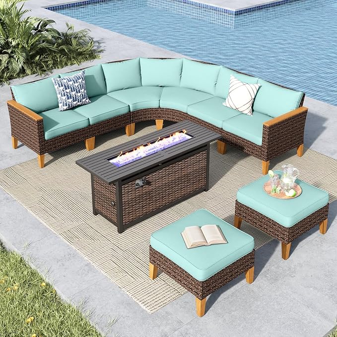 MFSTUDIO 9 Pieces Wicker Patio Furniture Set with 56" Fire Pit Table, Rattan Outdoor Half-Moon Patio Conversation Set, 2 x Curved Sofa, 2 x Armless Chair, 2 x Ottoman, 2 x Corner Sofa(Aqua Blue)