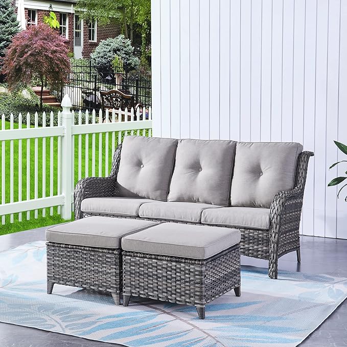 HUMMUH 3 Piece Patio Furniture Set All Weather Wicker Outdoor Sectional Sofa Manual Weaving Rattan High Curved Back Patio Couch with Ottomans