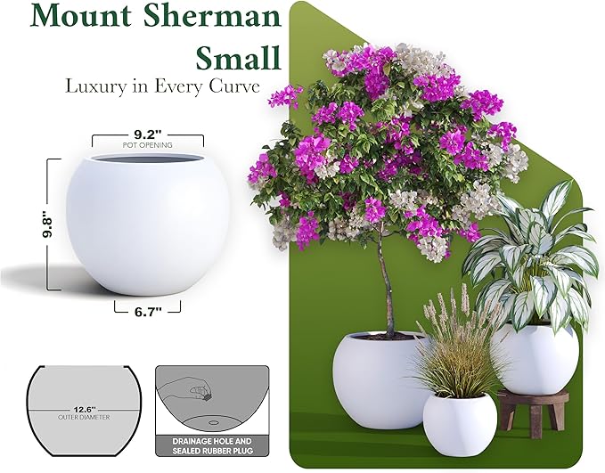 DTY Signature Mount Sherman Modern Indoor Outdoor Fiberstone Sphere Planter, Durable Round Garden Pot, Weather Resistant, Drainage Hole & Rubber Plug, Planter for Christmas Tree - Small, White