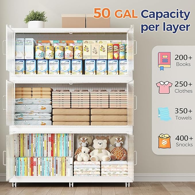 150Gal Extra Large Stackable Storage Bins with Lid, 600Qt Collapsible Storage Box with Wheels, Closet Organizers and Storage Cabinet Container for Home, Kitchen, Office, 3Pack White Clear