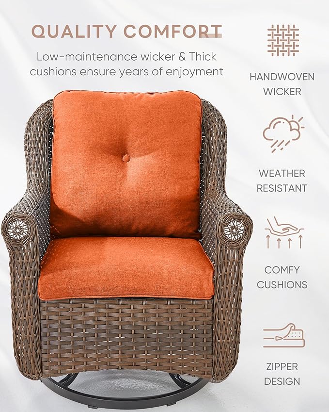 Patio Chairs Outdoor Swivel Glider - Set of 2 High Back Outside Brown Wicker Rattan Rocking Chair with Zippered Cushion for Porch Apartment Deck Yard Poolside Garden - Orange