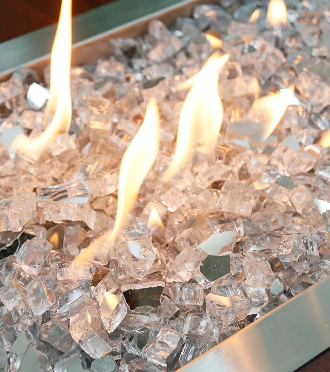 GRISUN Ultra White Fire Glass for Fire Pit, 10 Pounds 1/2 Inch High Luster Reflective Tempered Glass Rocks for Natural or Propane Fireplace, Safe for Outdoors and Indoors Firepit Glass