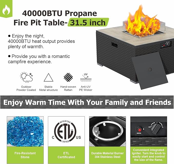 Dineli 31.5 Inch Propane Fire Pit Table Square Gas Fire Pits for Outside Patio Fire Pits & Outdoor Fireplaces 2-in-1 Fire Pit Table with Lid for Camping Backyard Garden, 40,000 BTU, Waterproof