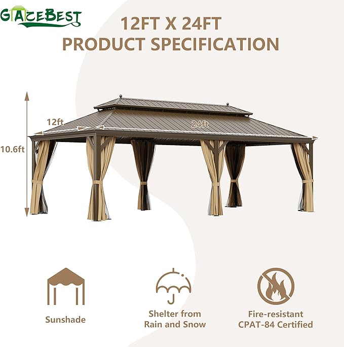 GAZEBEST 12' X 24' Hardtop Gazebo, Outdoor Galvanized Steel Double Roof Permanent Aluminum Frame Pavilion Pergola Canopy with Privacy Curtains for Garden, Patio, Backyard, Deck and Lawns.