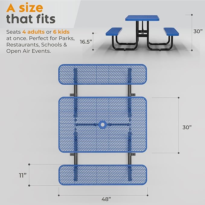 Commercial Heavy-Duty Metal Picnic Table - ADA Compliant, Adjustable Seats, Umbrella Hole, Expanded Metal (Blue, 4' Rectangular)
