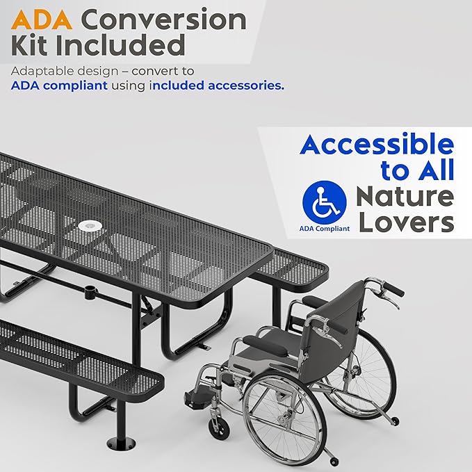 OUTTANS Commercial Heavy-Duty Metal Picnic Table - ADA Compliant, Adjustable Seats, Umbrella Hole (Black, 6' Rectangular, Punched Steel)