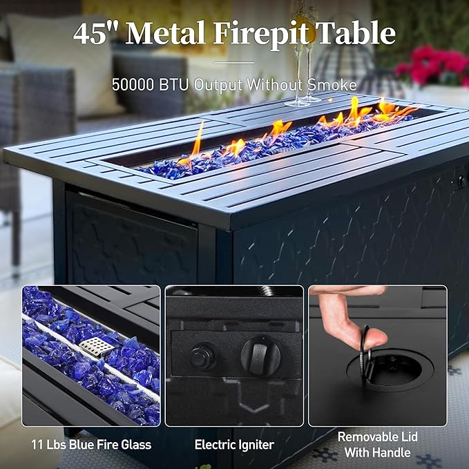 SUNSHINE VALLEY 4 Piece Metal Outdoor Patio Furniture Sets with 5000 BTU Firepit Table, Patio Conversation Sets 1 3-Seater Sofa, 2 Swivel Chair with 5.75" Thick Cushion, Black Backyard Furniture, Red
