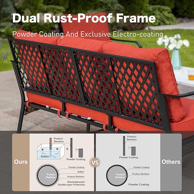 SUNSHINE VALLEY 5 Piece Metal Outdoor Patio Furniture Sets with Firepit Table, Patio Conversation Sets 1 3-Seater Sofa, 1 Loveseat, 2 Single Sofa with 5.75" Cushion for Backyard Deck, Rust Red