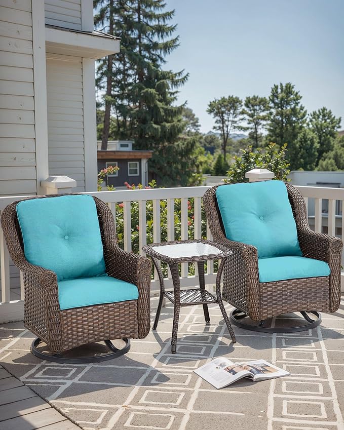 3 Piece Patio Swivel Chairs and Side Table Set - High Back Outdoor Brown Wicker Rattan Rocking Glider with Thick Cushions for Porch Apartment Deck Yard Poolside Garden - Turqoise