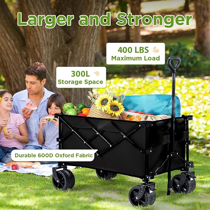Bezseller Collapsible Wagon 400 lbs, Wagons Carts Foldable, Beach Carts with Big Wheels for Sand, Utility Grocery Shopping Cart for Grocery, Sports, Garden, Shopping and Camping, Black
