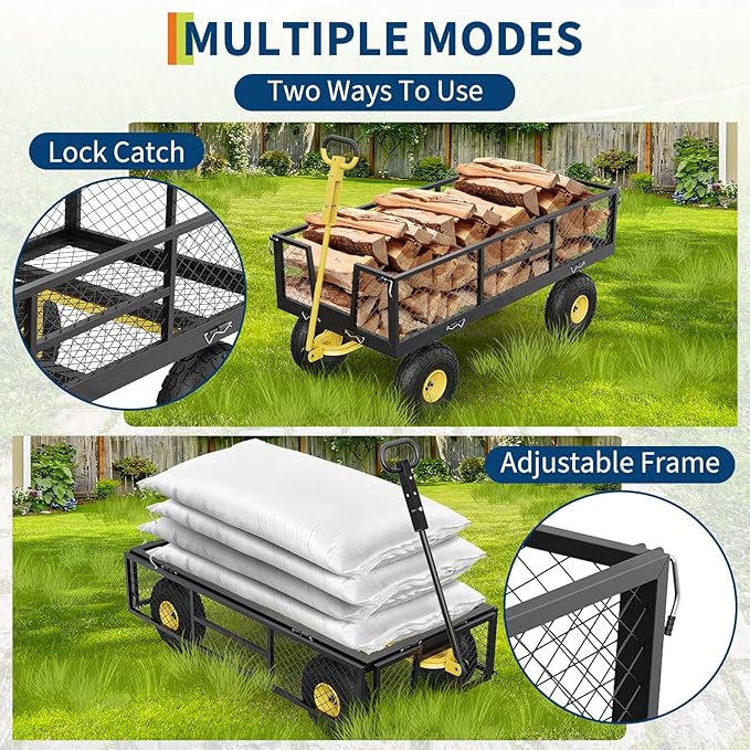 900 LBS Garden Cart on Wheels with Adjustable Handles, Heavy Duty Steel Garden Wagon with Removable Mesh Sides to Convert into Flatbed, Wagon Cart for Lawn Farm Yard, Black