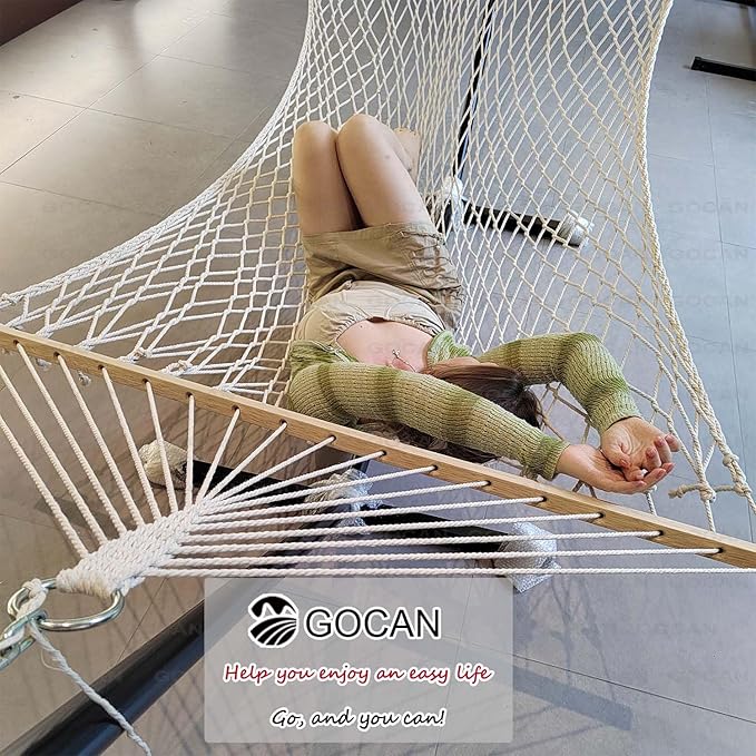 GOCAN Mesh Hammock,Cotton Rope hammocks with Chains Hooks Tree Straps fit Stands from 9' to 15' for Outside Indoor Patio Yard