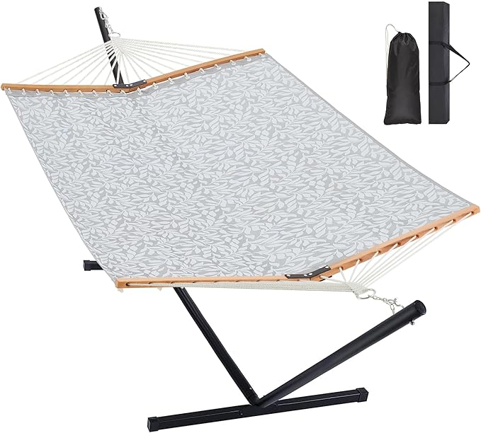 Homgava Two Person Hammock with Stand for Outside Heavy Duty, Outdoor Patio Hammock with Portable Steel Stand, Large Double Hammocks with Quick Dry Textilene Fabric,480lbs Capacity.(Grey White)
