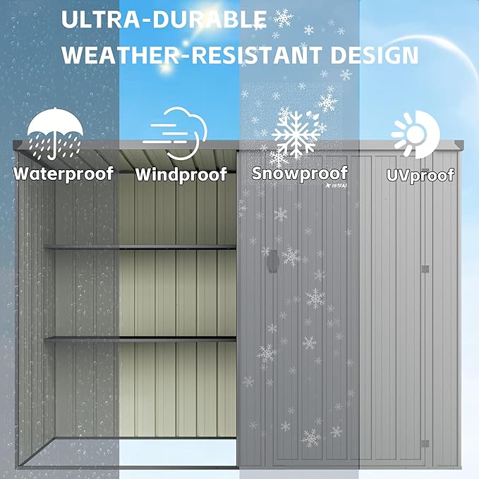2 in 1 Metal Outdoor Storage Shed with Firewood Rack, 8×4 FT Lockable Waterproof Garden Tool Shed with Shelves, Open & Enclosed Dual-Storage Backyard Patio Shed with Sloped Roof (No Floor)