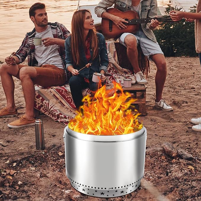 27-Inch Smokeless Fire Pit, Portable Stainless Steel Stove with Star Hollowing, Fire Pits with Star Bracket for Camping Outdoor Wood Burning (Without Handle)