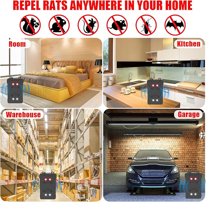 4Pack Ultrasonic Rodent Repellent for Car Engines,Under Hood Ultrasonic Mouse Repellent with 4 LED Strobe Lights,Plug-in&Battery Powered,Keep Rats,Mice,Squirrels Away from Vehicles,RVs,Garages,Attics