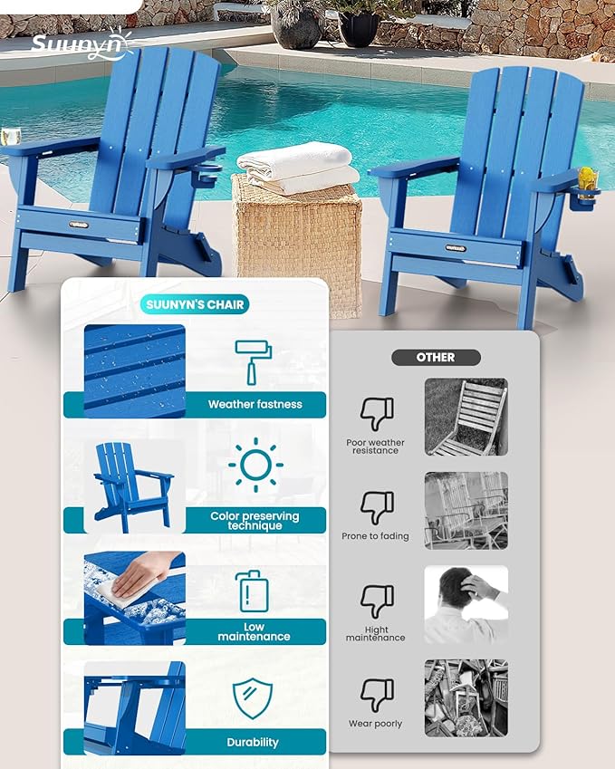 Folding Adirondack Chair 6 Pack, HDPE All-Weather Fire Pit Chairs, Plastic Adirondack Chairs with 2 Cup Holder, Outdoor Lawn Chair for Patio Garden (Royal Blue)