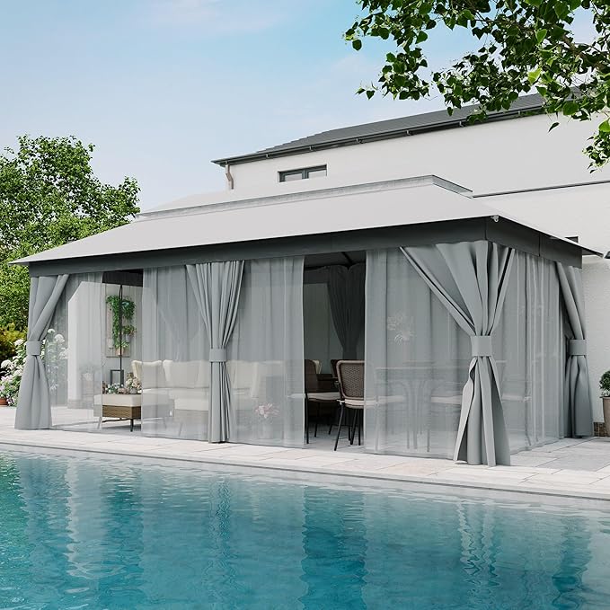 LAUSAINT HOME Gazebo 10x20ft, Heavy Duty Patio Gazebo with Expansion Bolts, Party Canopy Tent with Double Roofs, Mosquito Nettings and Privacy Screens for Backyard, Garden, Lawn, Grey