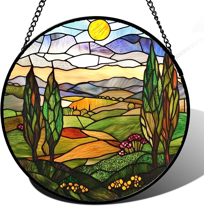 QZQCBLC Stained Glass Window Hanging Golden Sun Mountain Landscape 6.3" - Suncatcher Door Garden Sun Catcher Home Decor Birthday Christmas for Mom Men Woman Nana Friend