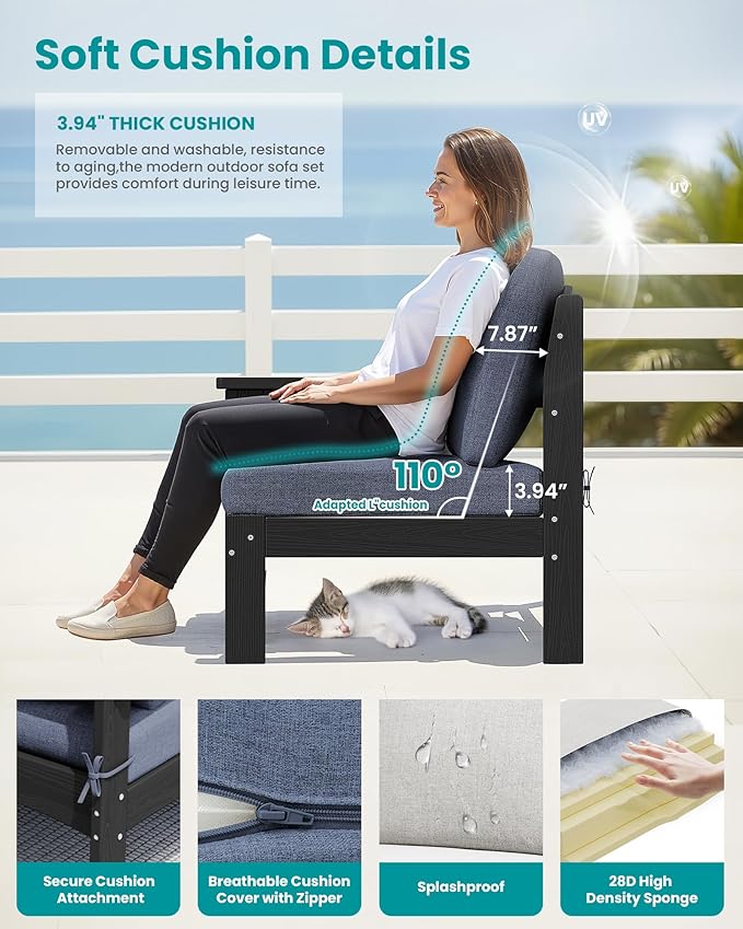 SERWALL 5-Piece Patio Sofas, All-Weather HDPE Outdoor Sectional Sofa with Cushions and Coffee Table, Large Modular Patio Conversation Set for Garden, Lawn, Deck, Porch, Black Frame with Grey Cushion