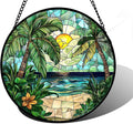 DASTOLL Stained Glass Window Hanging, Green Beach Scenery Suncatcher Diamond Glass Panel Hangings Sun Catchers Decor for Birthday for Women, Men, Wife, Aunt, and Mom 6.3 in