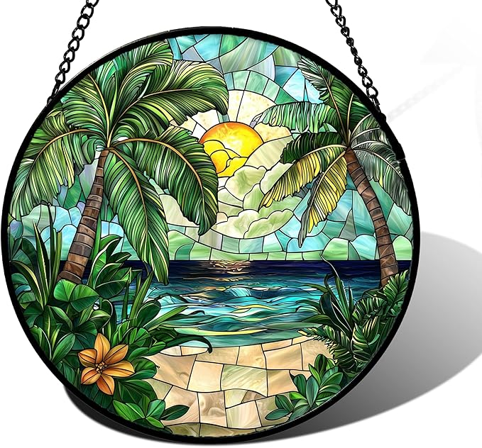 DASTOLL Stained Glass Window Hanging, Green Beach Scenery Suncatcher Diamond Glass Panel Hangings Sun Catchers Decor for Birthday for Women, Men, Wife, Aunt, and Mom 9.8 in