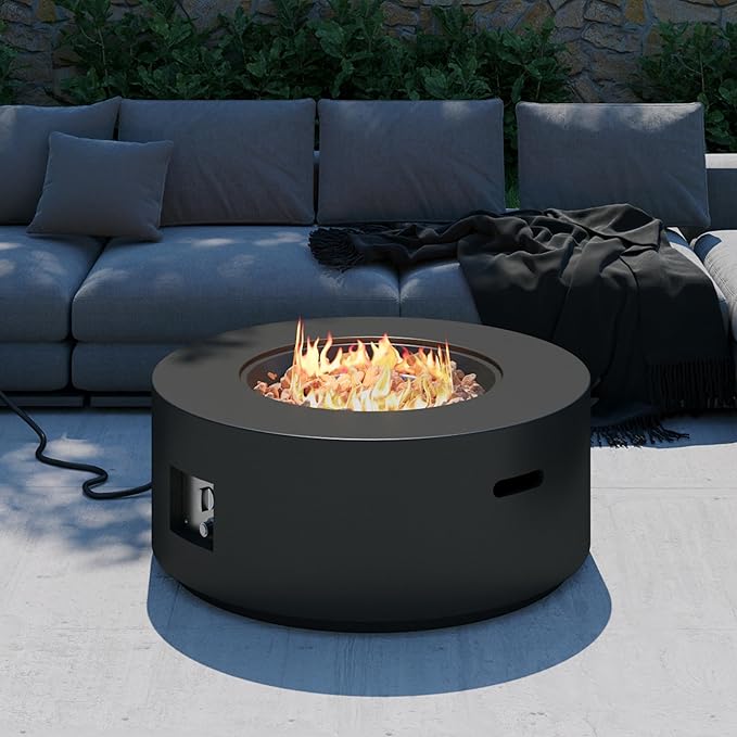 32 inch Round Propane Fire Table, 50,000 BTU Gas FirePit, Patio Fire Pit Table with Steel Lid, Rain Cover, 10ft Propane Hose, Lava Rocks, Black