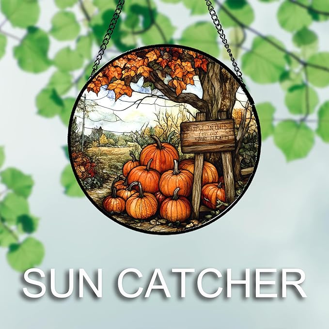 DASTOLL Stained Glass Window Hanging Fall Farm Scenery Maple Trees Pumpkin Large 15" - Suncatcher Door Garden Kitchen Sun Catcher Autumn Decor Birthday for Mom Nana Men Woman Friend