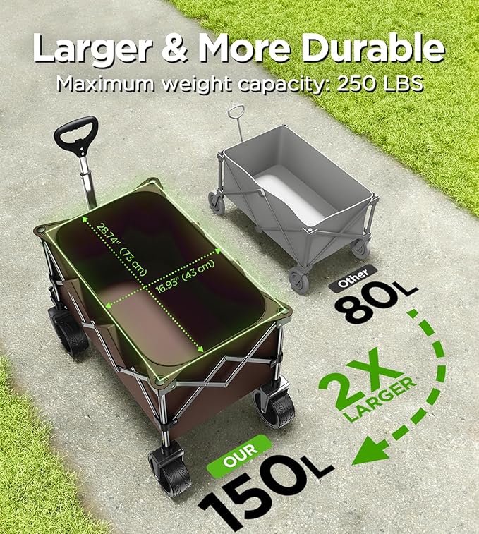 Collapsible Folding Wagon Cart with Large Wheels & 150L Capacity | Heavy-Duty Foldable Utility Wagon for Groceries, Camping, Beach, Sports & Garden Use | Compact Storage, No-Tool Setup-Khaki