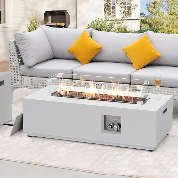 NICESOUL 42'' Rectangle Outdoor Gas/Propane Firepit Table, 50,000 BTU Low Profile Modern Fire Pit with Tank Storage & Windguard& Cover & Glass Rocks for Patio Outside, CSA Certified, Greyish White
