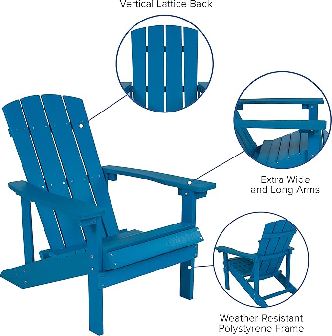 EMMA + OLIVER Campfire Set - Two Blue Poly Resin Adirondack Chairs - 29" Star and Moon Fire Pit with Mesh Cover - Weather Resistant - Wood Burning Fire Pit