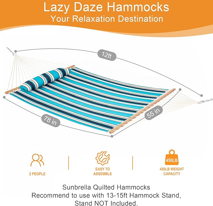 Lazy Daze Hammocks 12 FT Sunbrella Quilted Double Hammock with Hardwood Spreader Bar, 450 lbs Capacity, Blue, Hammock, 2 Person, Patio, Outdoor, All Weather