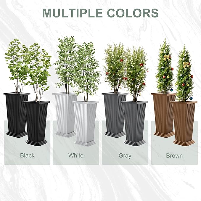 Set of 2 Tall Planters with Drainage Tray, 24 Inch Large Flower Pots for Indoor Outdoor Plants Mordern Planter Weather-Resistant for Patio, Front Door Decor, Garden (Gray Ribbed)