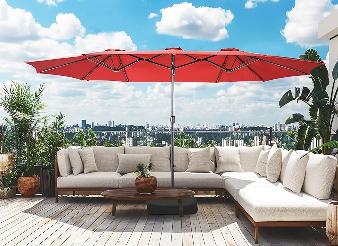 Bigroof 15ft x 9ft Patio Double-Sided Umbrella with Base & Crank, Extra Large Rectangular Outdoor Umbrella for Patio, Lawn & Garden, Beige